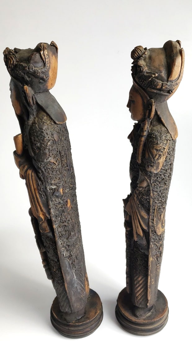 Antique Resin 17" Asian Figurines, Detailed Carvings, Pair of Statues - 4