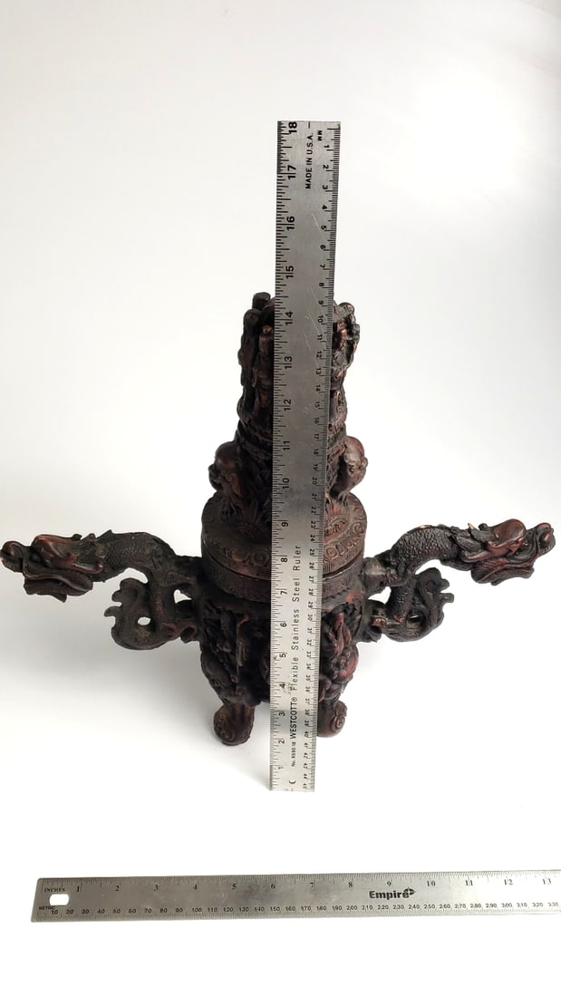 Antique Resin Carved Oriental Incense Burner? with Dragons and Figurines - 10