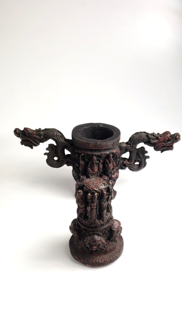 Antique Resin Carved Oriental Incense Burner? with Dragons and Figurines - 2