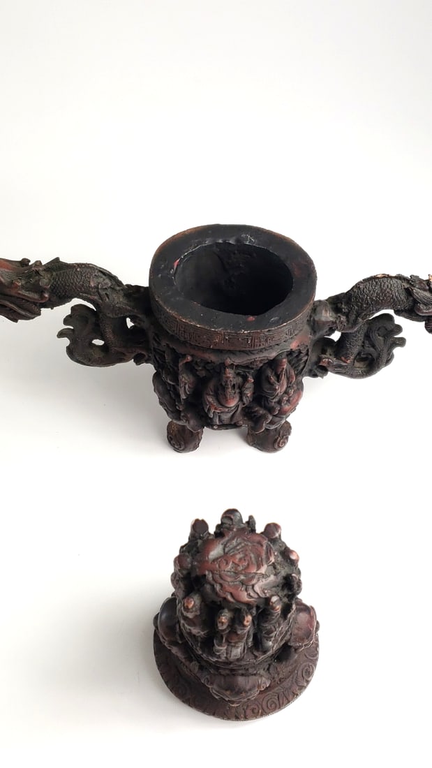 Antique Resin Carved Oriental Incense Burner? with Dragons and Figurines - 3