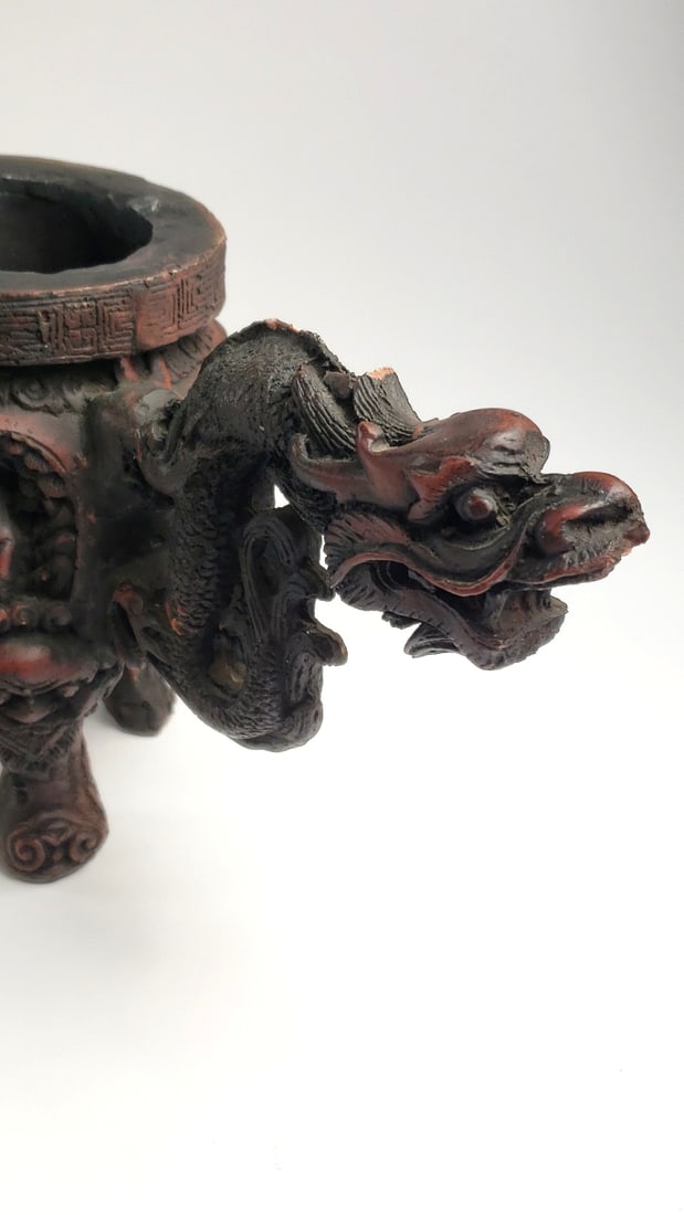 Antique Resin Carved Oriental Incense Burner? with Dragons and Figurines - 4
