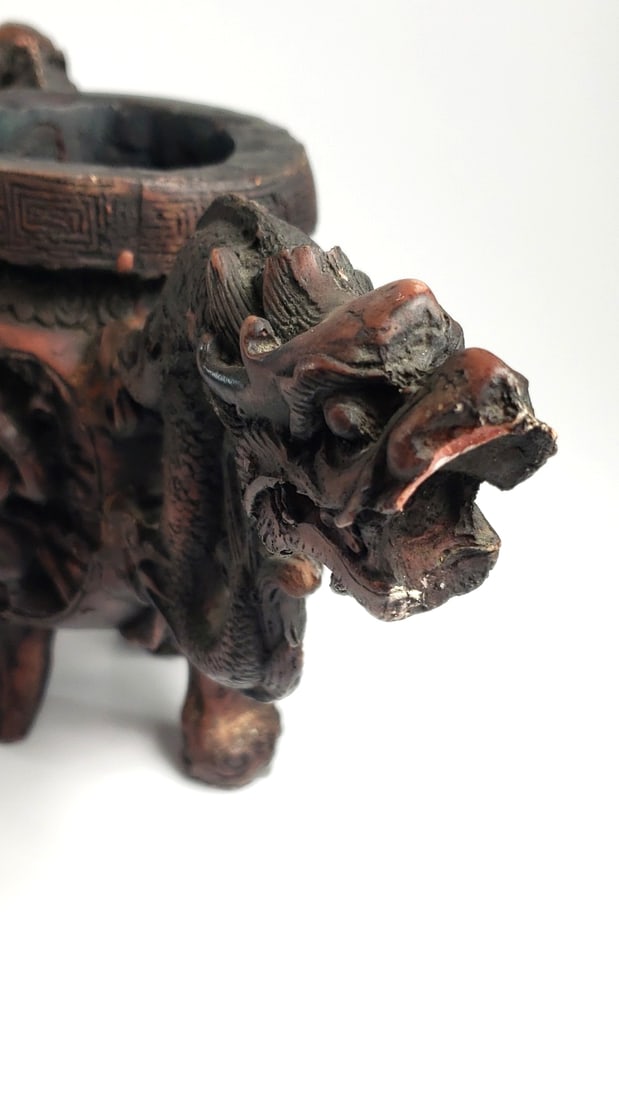 Antique Resin Carved Oriental Incense Burner? with Dragons and Figurines - 6
