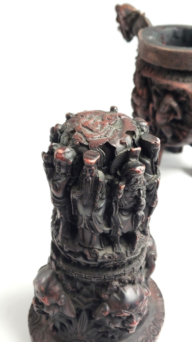 Antique Resin Carved Oriental Incense Burner? with Dragons and Figurines - 9