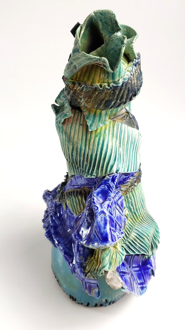 Korean Stoneware Figurine with Blue and Green Textured Robes - Artist Signature On Base - 2