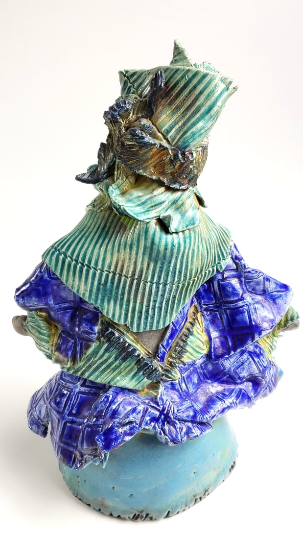 Korean Stoneware Figurine with Blue and Green Textured Robes - Artist Signature On Base - 3