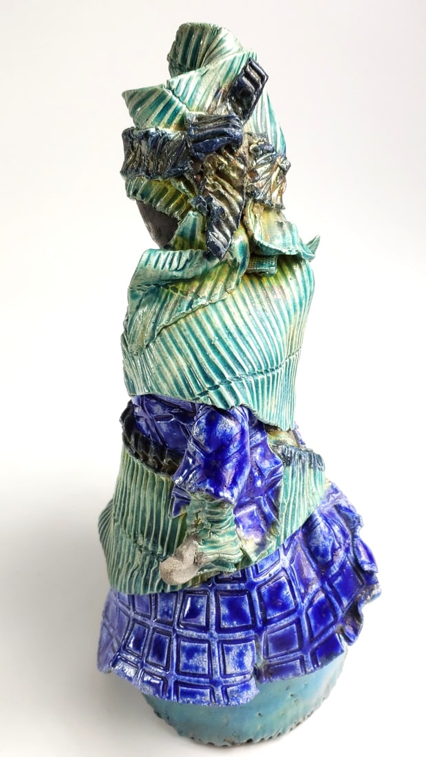 Korean Stoneware Figurine with Blue and Green Textured Robes - Artist Signature On Base - 4