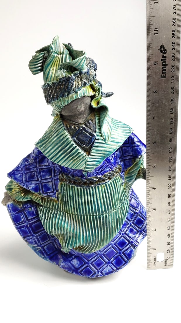 Korean Stoneware Figurine with Blue and Green Textured Robes - Artist Signature On Base - 5