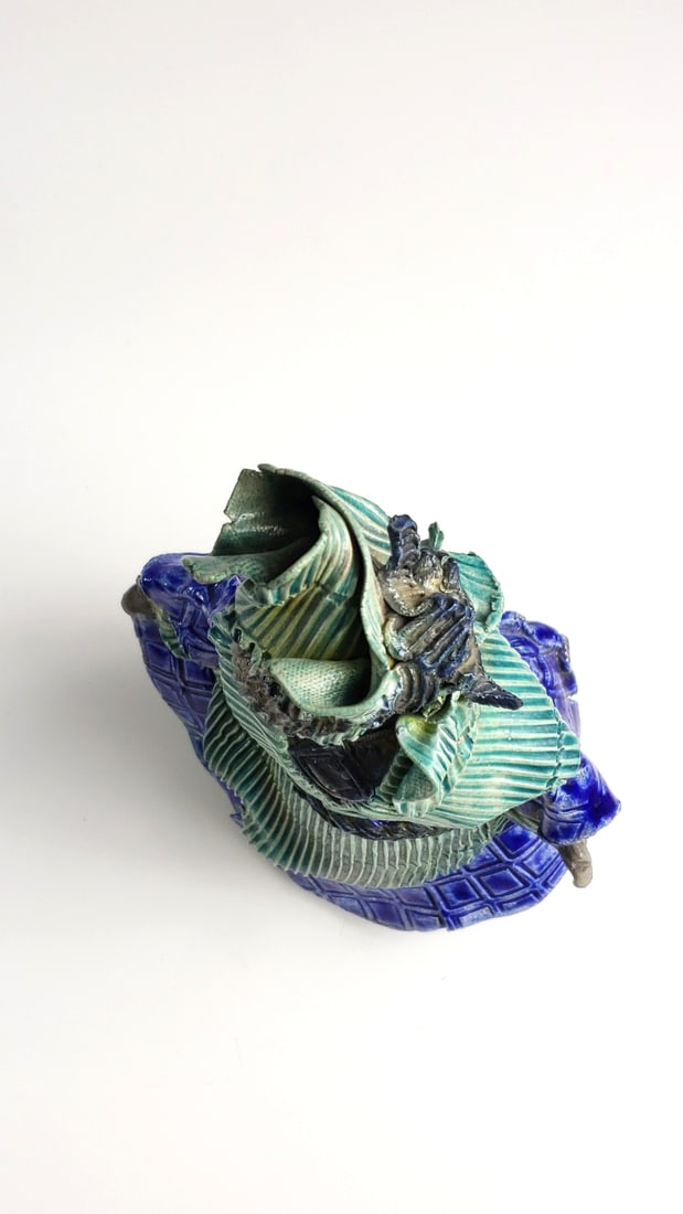 Korean Stoneware Figurine with Blue and Green Textured Robes - Artist Signature On Base - 8