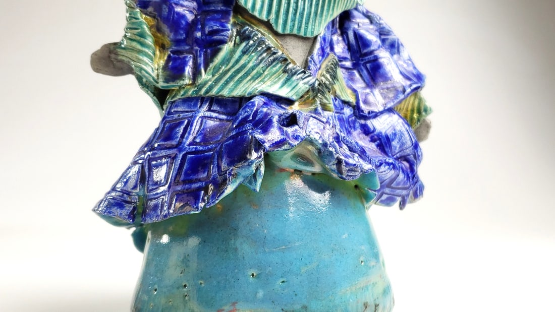Korean Stoneware Figurine with Blue and Green Textured Robes - Artist Signature On Base - 9