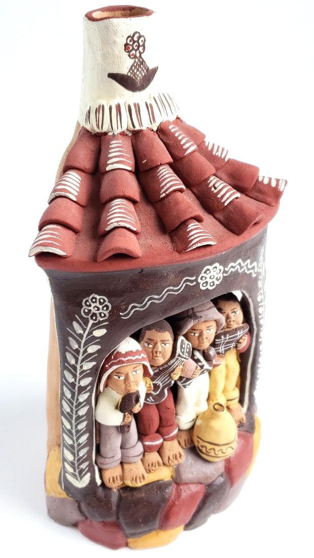 Peruvian Ceramic Figurine Sculpture with Roof and Musicians Decor: Great Width: 4 Height: 6 High Estimate: 150 Low Estimate: 30