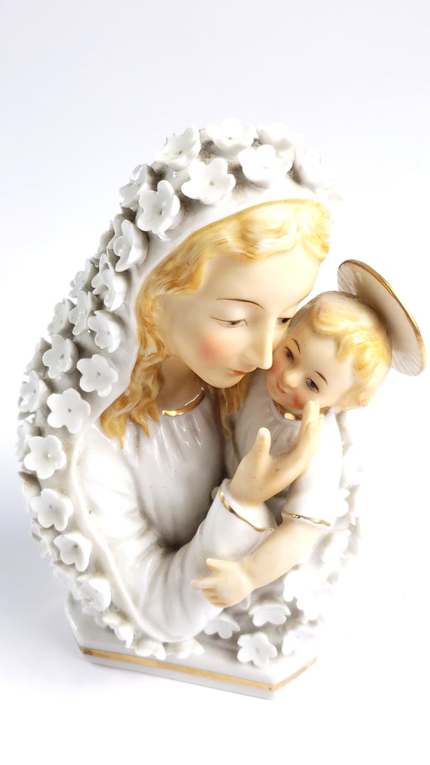 Vintage Porcelain Mother and Child Figurine with Flower Details: Nice, chip on back of head from ? Width: 3 Height: 4 Low Estimate: 25 High Estimate: 150