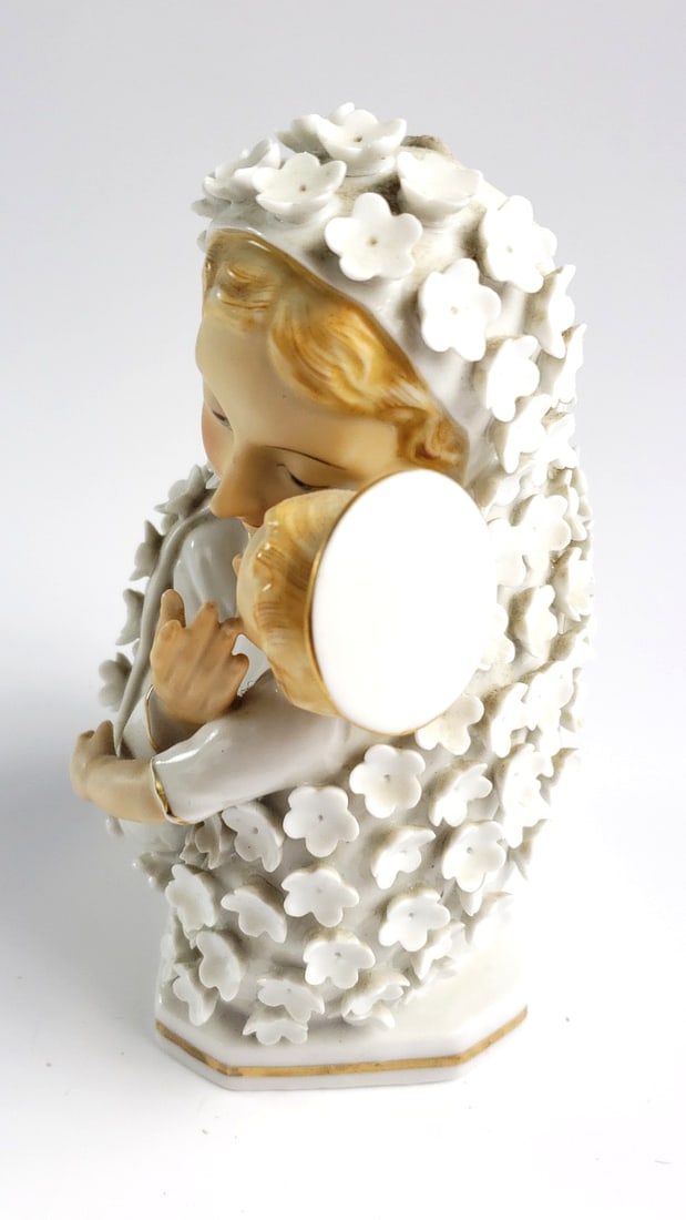 Vintage Porcelain Mother and Child Figurine with Flower Details - 2