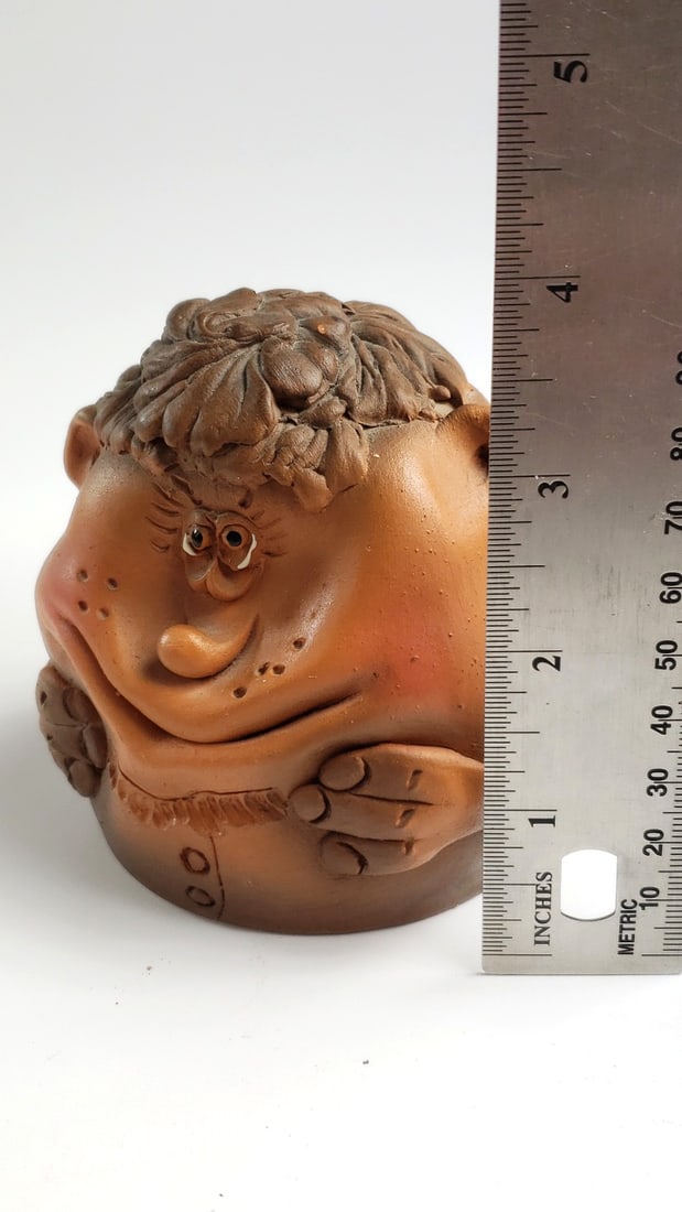 Handcrafted Clay Figurine Coin Base with Unique Facial Design - Artist Signature On Base - 2