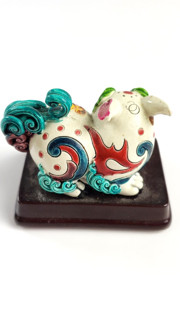 Decorative Ceramic Cat Figurine on Stand with Chinese Characters - 2