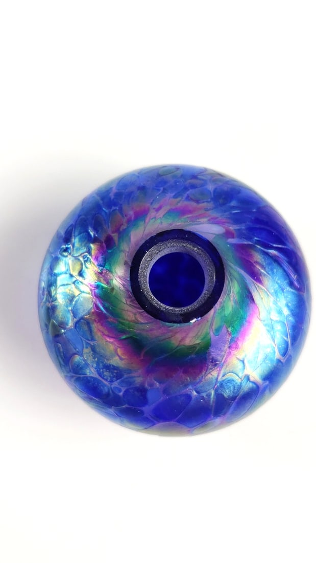 Iridescent Blue Art Glass Vase with Crackle Design - Artist On Bottom - 2