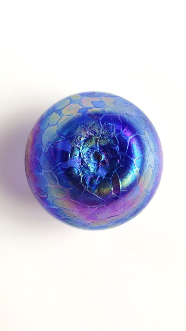 Iridescent Blue Art Glass Vase with Crackle Design - Artist On Bottom - 3