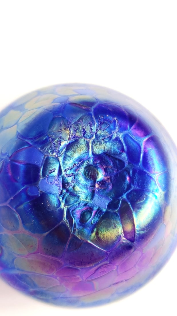 Iridescent Blue Art Glass Vase with Crackle Design - Artist On Bottom - 4