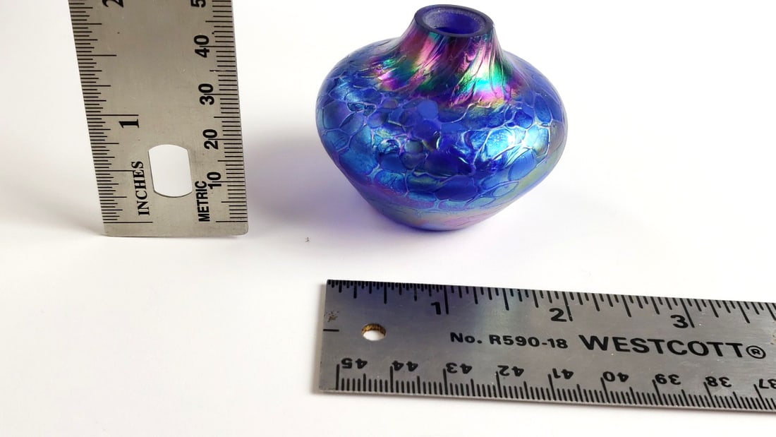 Iridescent Blue Art Glass Vase with Crackle Design - Artist On Bottom - 5