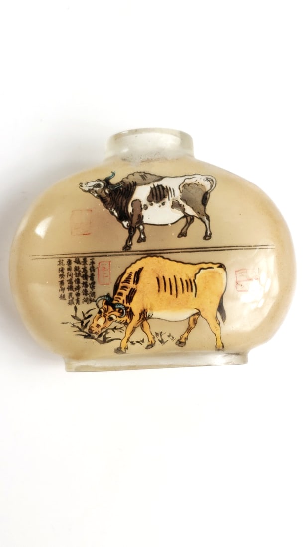 Antique Inside-Painted Glass Snuff Bottle with Oxen Design - 2