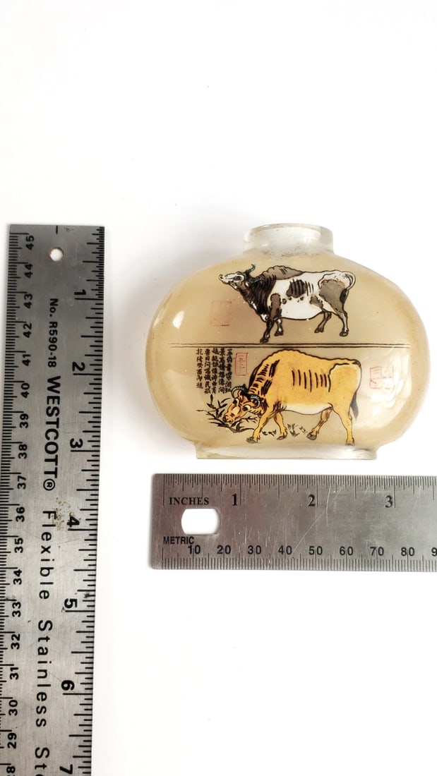 Antique Inside-Painted Glass Snuff Bottle with Oxen Design - 3