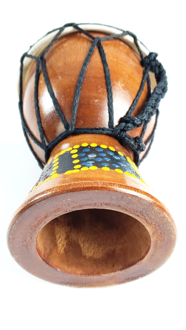 Small 6" Wooden Djembe Drum with Painted Design and Black Rope Tensioning - 2