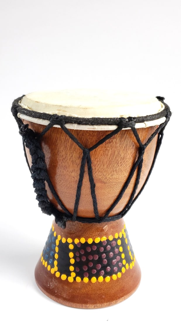 Small 6" Wooden Djembe Drum with Painted Design and Black Rope Tensioning - 3