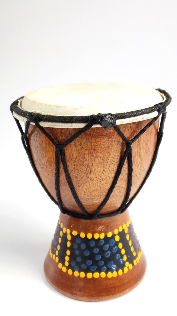 Small 6" Wooden Djembe Drum with Painted Design and Black Rope Tensioning - 4