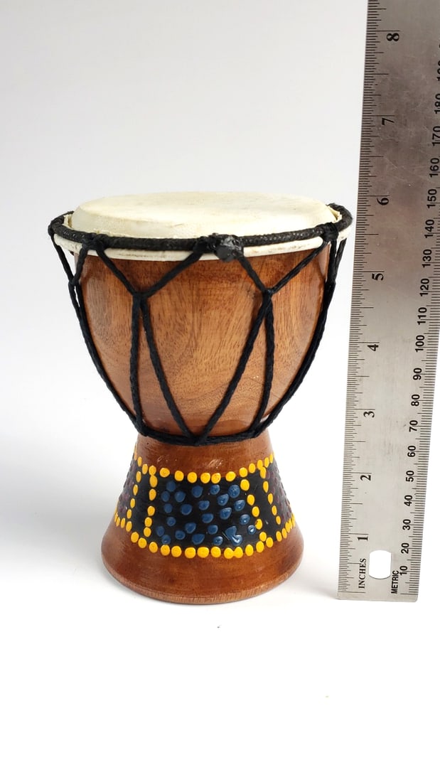 Small 6" Wooden Djembe Drum with Painted Design and Black Rope Tensioning - 6