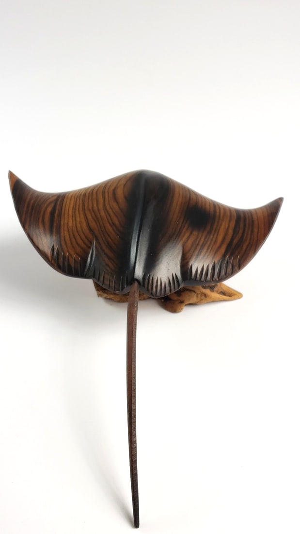 Handcrafted Wooden Stingray Sculpture on Driftwood Base - 2