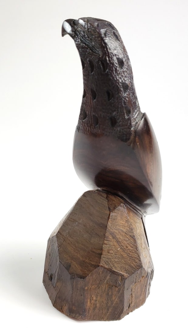 Hand-Carved Wooden Eagle Figurine on Rock Base - 4