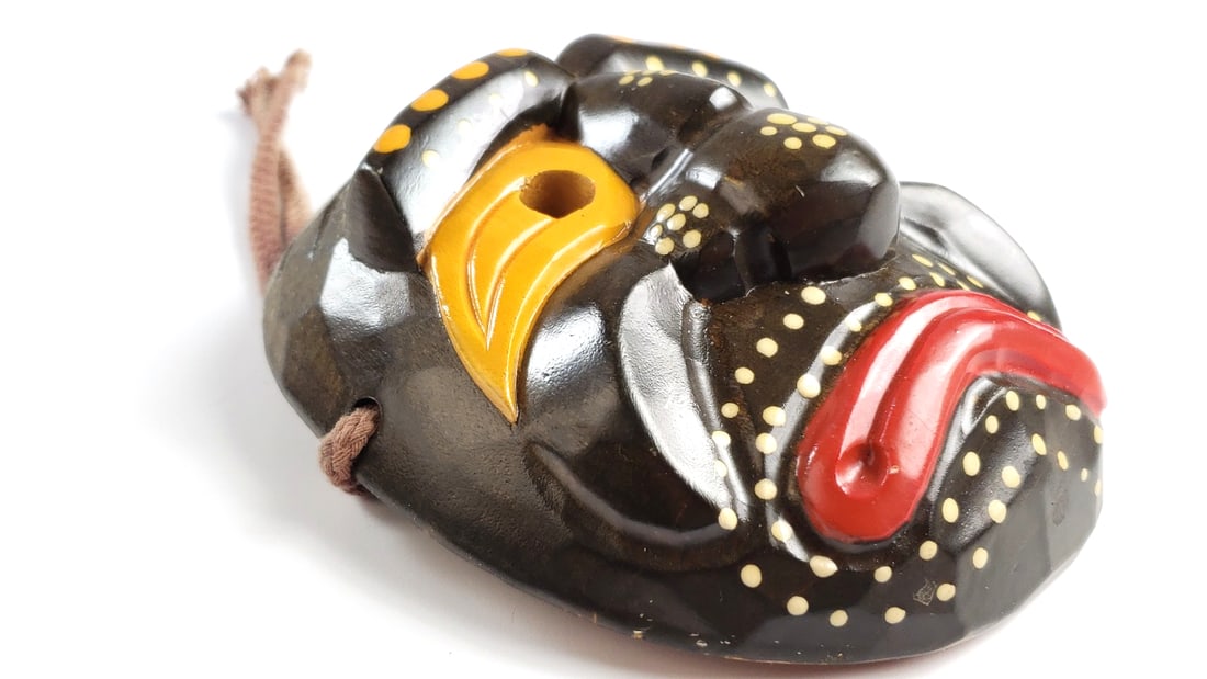 Handcrafted Painted Wooden Tribal Mask with Rope & Metal Hanger - 4