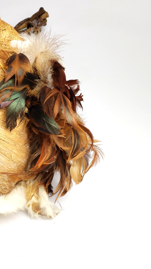 Extra Large Decorative Feathered Wood Basket with Twisted Wood Handle and Bead Accents - Fur - 10