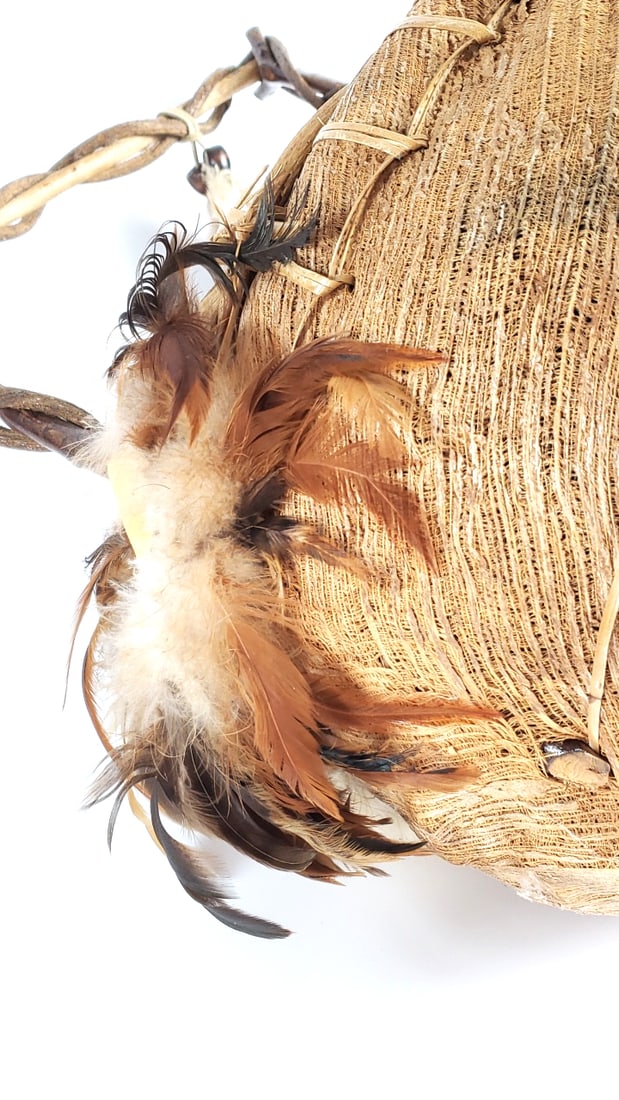 Extra Large Decorative Feathered Wood Basket with Twisted Wood Handle and Bead Accents - Fur - 11