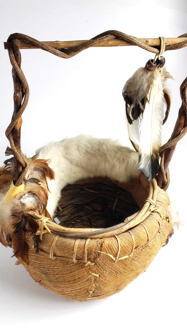 Extra Large Decorative Feathered Wood Basket with Twisted Wood Handle and Bead Accents - Fur - 2
