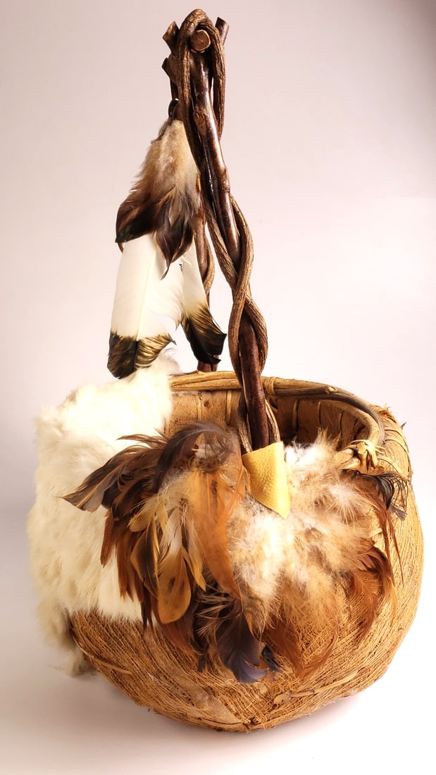 Extra Large Decorative Feathered Wood Basket with Twisted Wood Handle and Bead Accents - Fur - 3