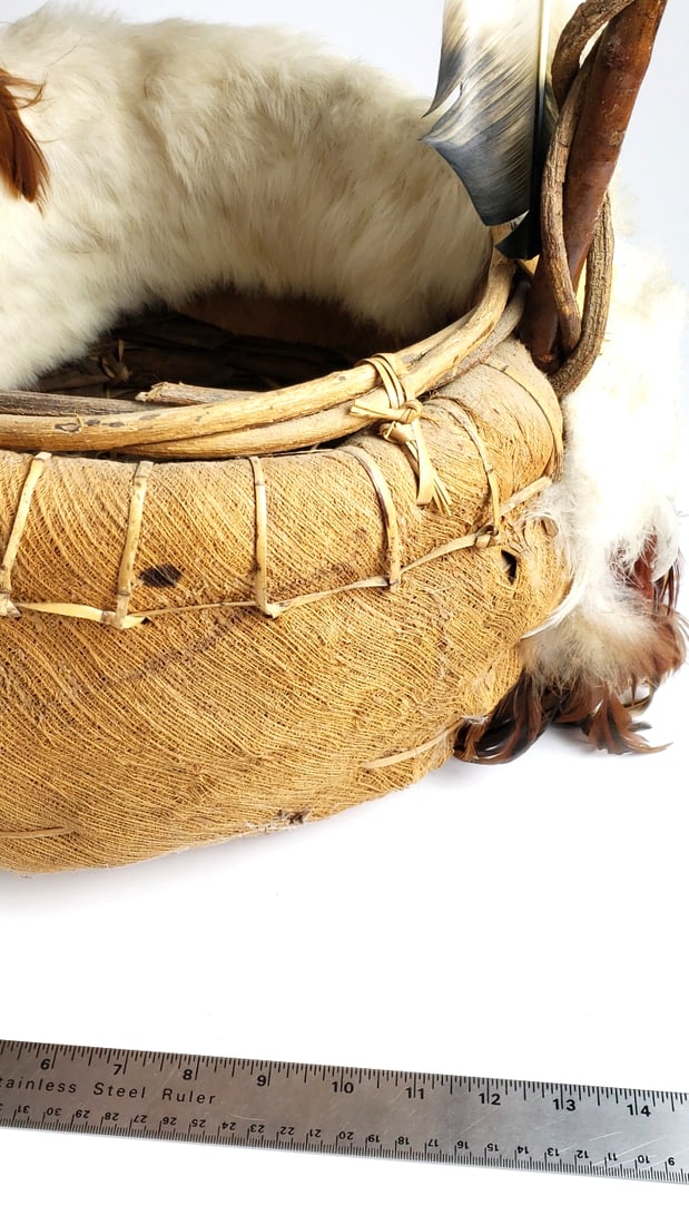 Extra Large Decorative Feathered Wood Basket with Twisted Wood Handle and Bead Accents - Fur - 7