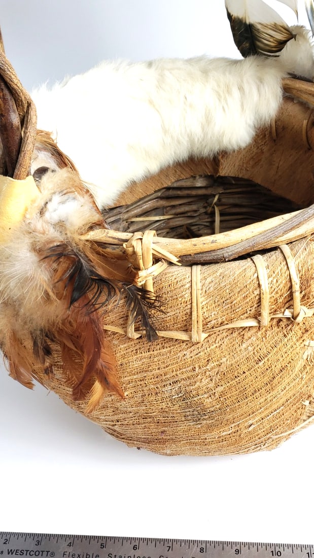 Extra Large Decorative Feathered Wood Basket with Twisted Wood Handle and Bead Accents - Fur - 8