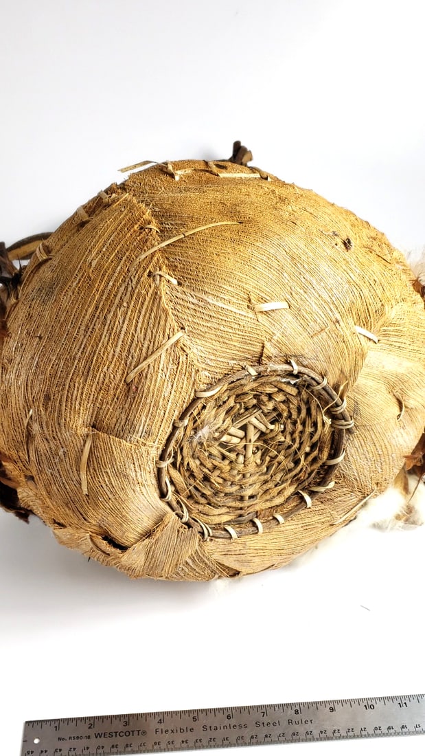 Extra Large Decorative Feathered Wood Basket with Twisted Wood Handle and Bead Accents - Fur - 9