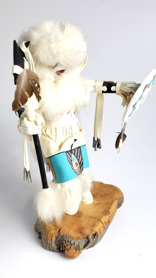 Kachina Doll "Buffalo Warrior" Wooden Base Decoration 12" with Shield and Feather Details - Artis... - 2