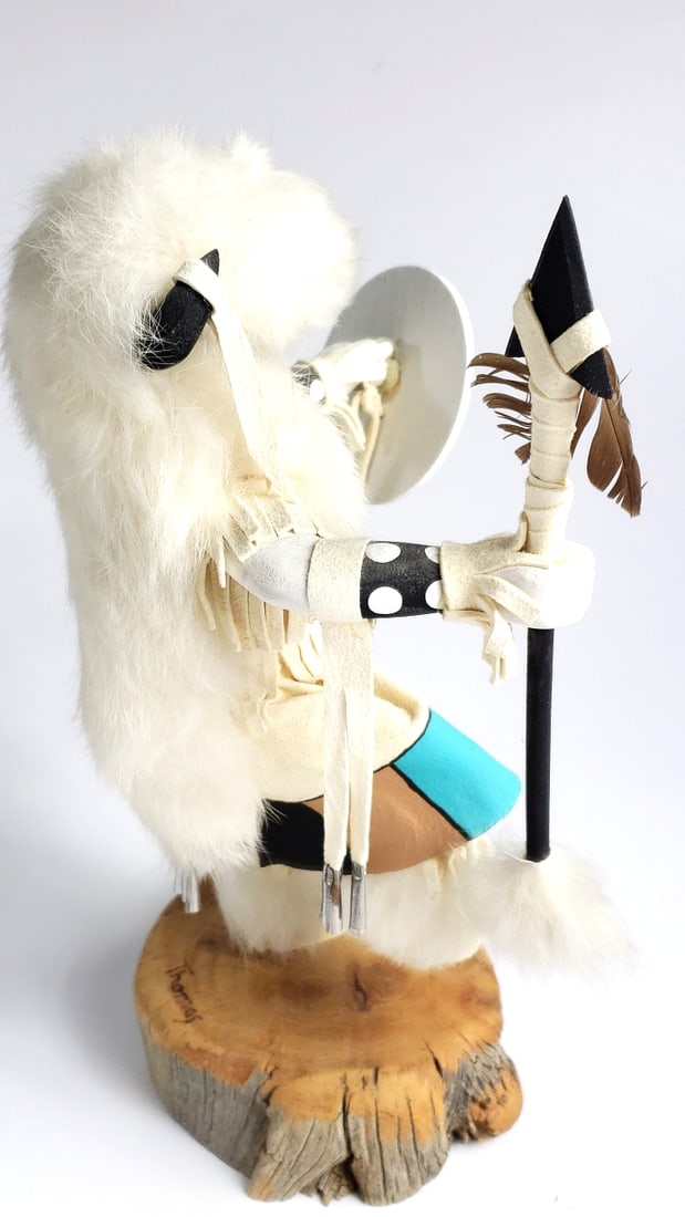 Kachina Doll "Buffalo Warrior" Wooden Base Decoration 12" with Shield and Feather Details - Artis... - 3