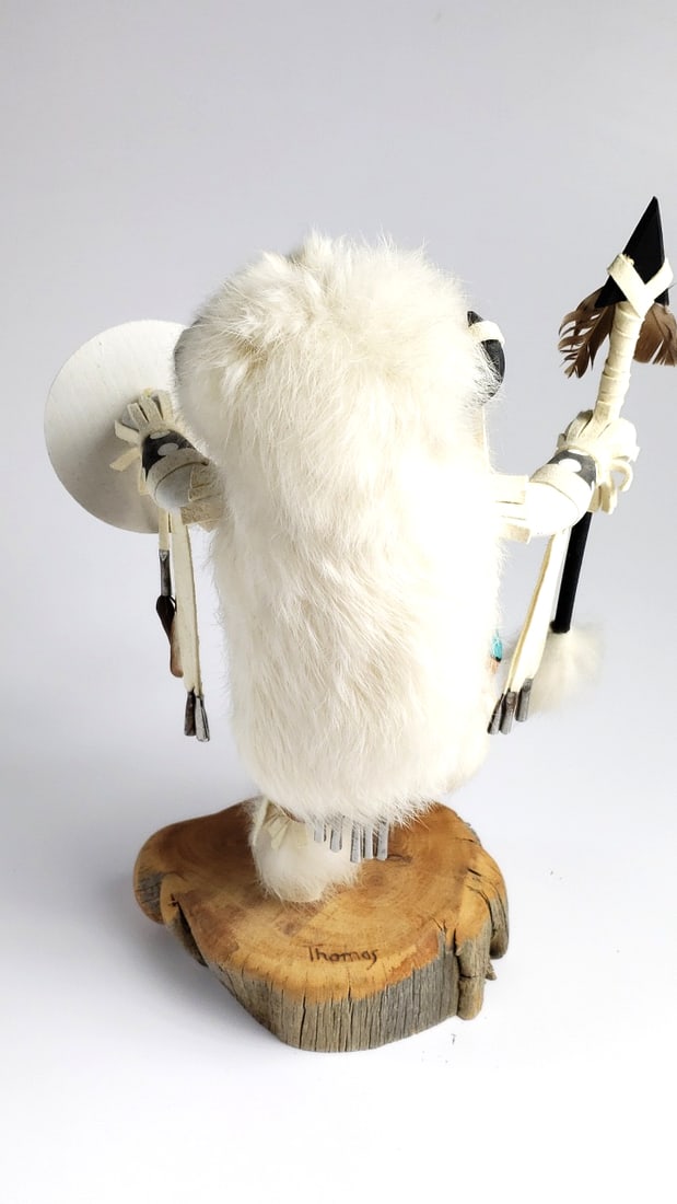Kachina Doll "Buffalo Warrior" Wooden Base Decoration 12" with Shield and Feather Details - Artis... - 4
