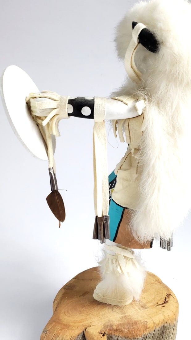 Kachina Doll "Buffalo Warrior" Wooden Base Decoration 12" with Shield and Feather Details - Artis... - 6