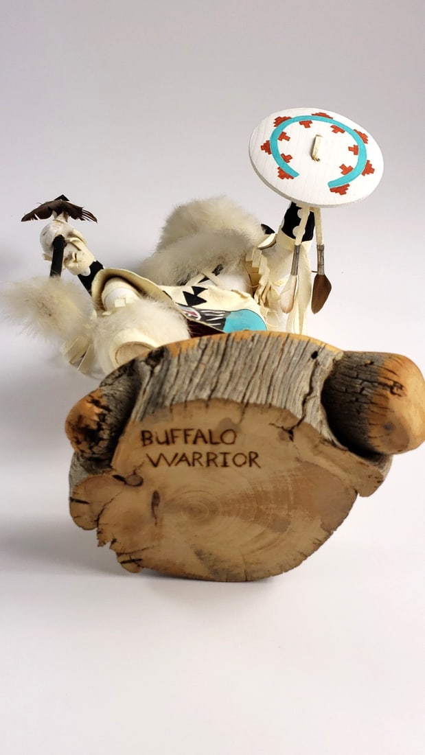 Kachina Doll "Buffalo Warrior" Wooden Base Decoration 12" with Shield and Feather Details - Artis... - 8