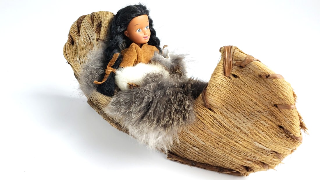 Handcrafted Doll in Traditional Woven Birch Bark Canoe with Fur Blanket - 2