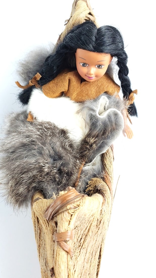 Handcrafted Doll in Traditional Woven Birch Bark Canoe with Fur Blanket - 3