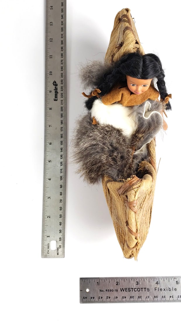 Handcrafted Doll in Traditional Woven Birch Bark Canoe with Fur Blanket - 5