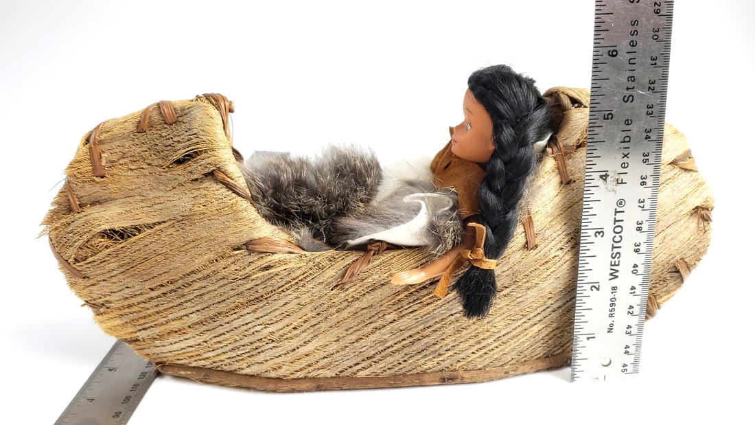 Handcrafted Doll in Traditional Woven Birch Bark Canoe with Fur Blanket - 6