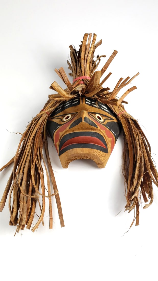 Indigenous Makah Wooden Mask with Natural Wood Fiber Hair and Painted Design: Nice High Estimate: 500 Width: 11 Height: 4 Low Estimate: 30
