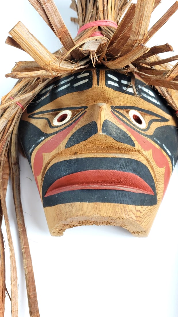 Indigenous Makah Wooden Mask with Natural Wood Fiber Hair and Painted Design - 2
