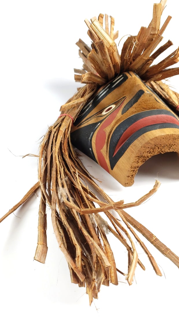 Indigenous Makah Wooden Mask with Natural Wood Fiber Hair and Painted Design - 3
